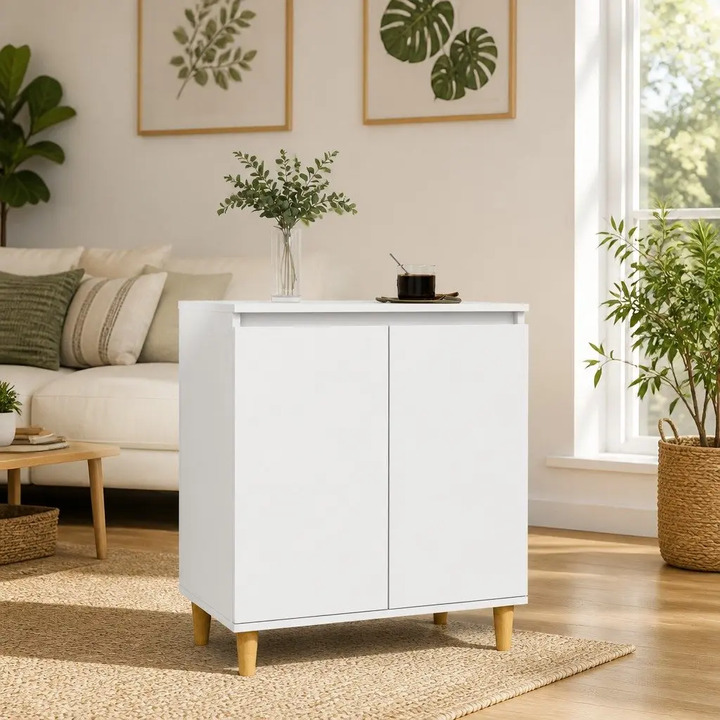 White Sideboard Storage Cabinet with Wood Legs 60x35x70cm