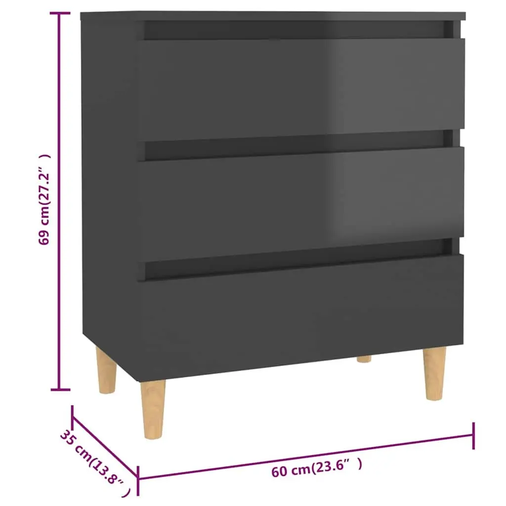 Sideboard Cabinet Grey High Gloss 3 Drawer Scandinavian Style Engineered Wood