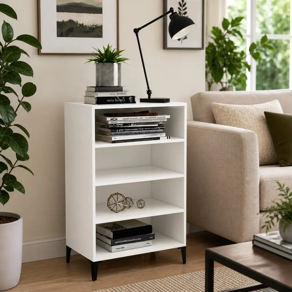 White Sideboard Storage Cabinet 4 Shelf Engineered Wood