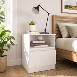 White Nightstand with Drawer and Shelf Organizer 40x40x50cm
