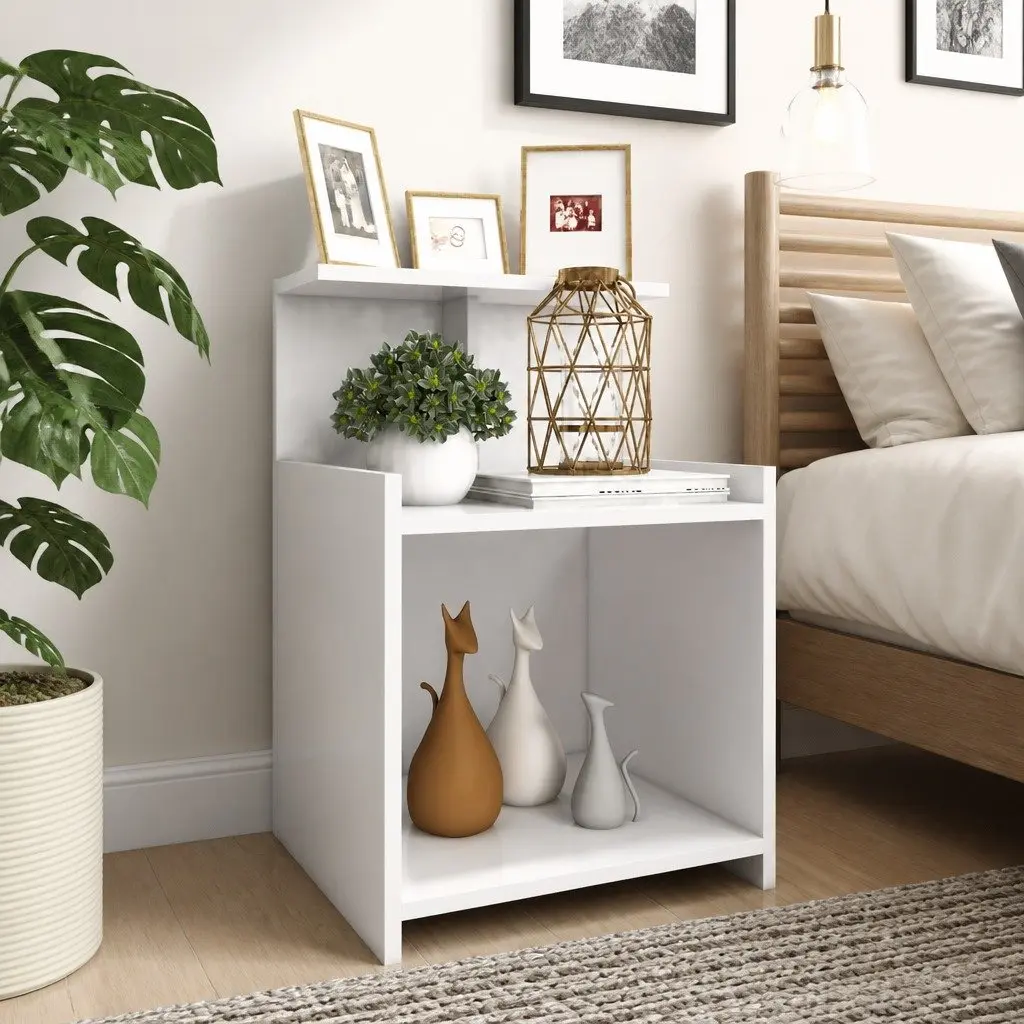 Bedside Tables White 2 Piece Nightstands 3 Open Shelves Engineered Wood