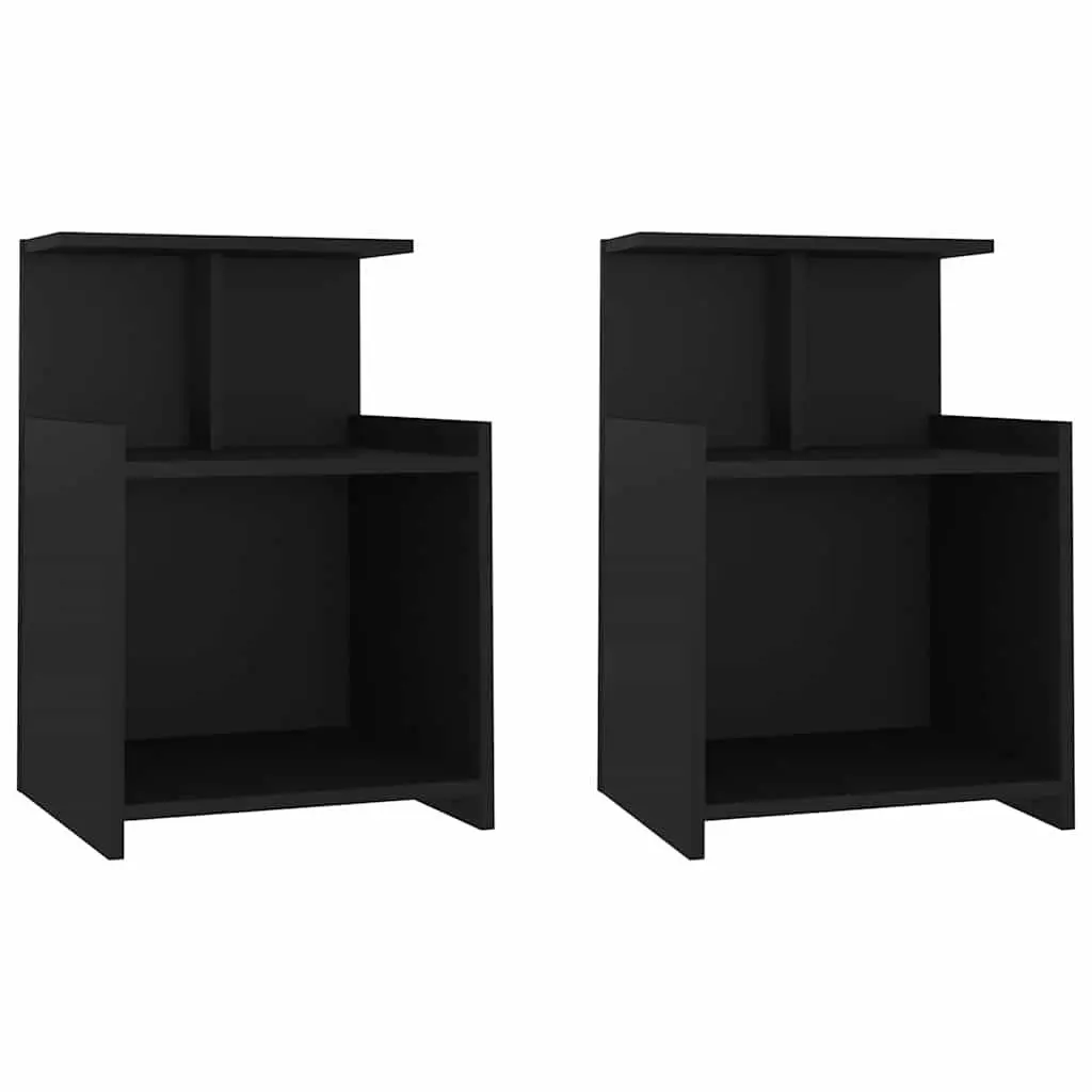 Bedside Tables Black 2 Piece Nightstand Open Shelves Storage Engineered Wood