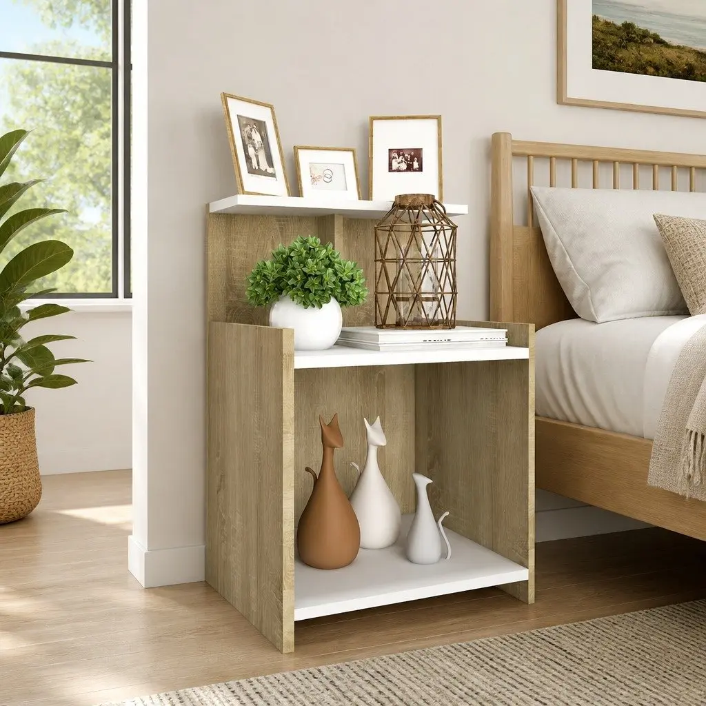 Bedside Table White Sonoma Oak 3 Open Shelves Engineered Wood
