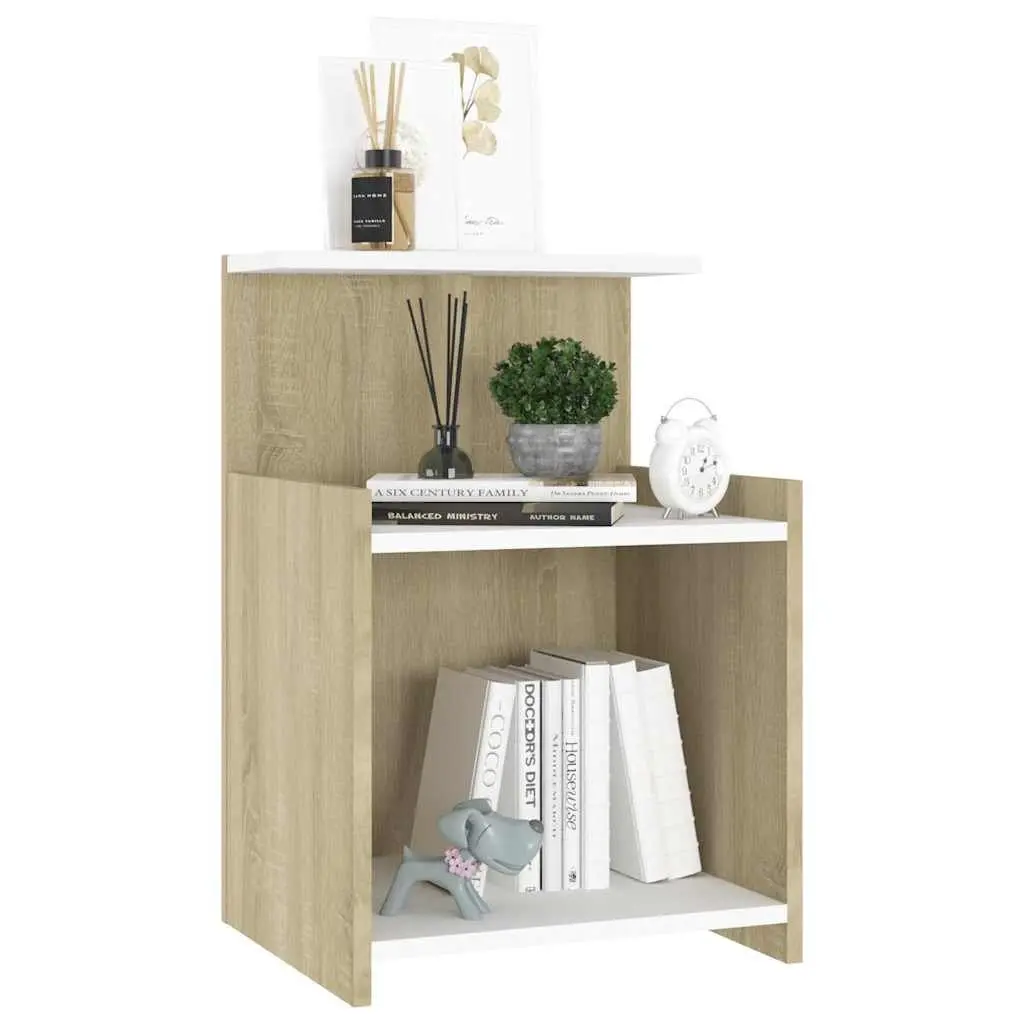 Bedside Table White Sonoma Oak 3 Open Shelves Engineered Wood