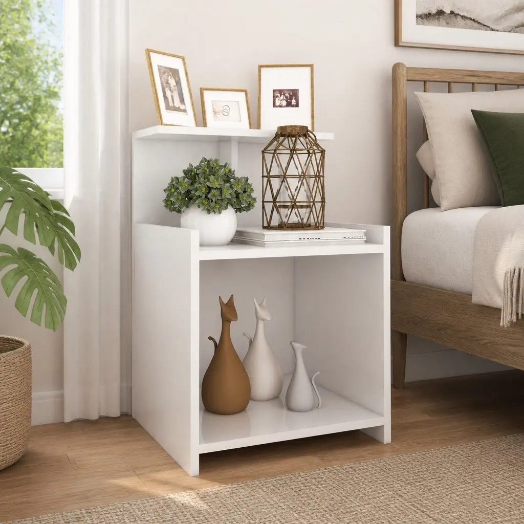 Bedside Table High Gloss White 3 Open Shelves Engineered Wood