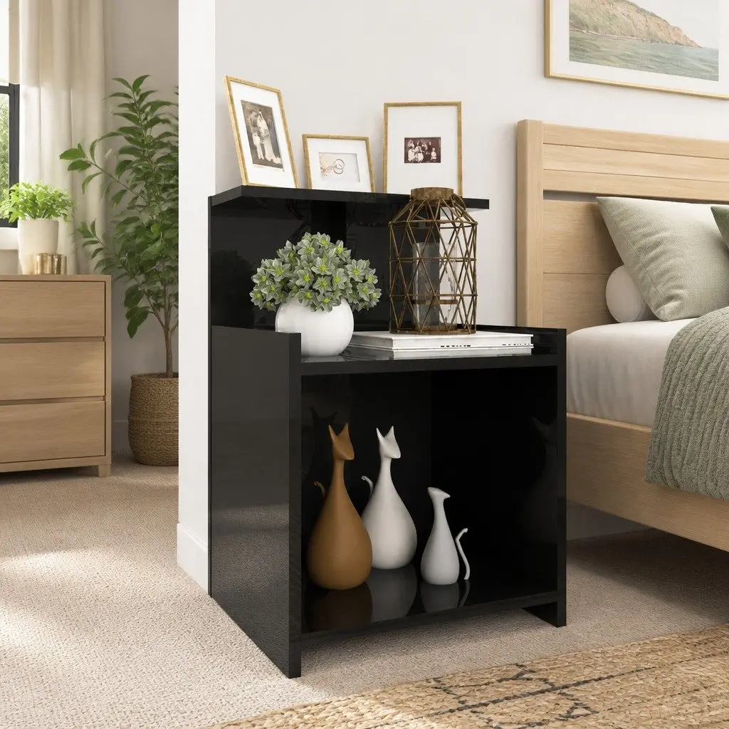 Bedside Table Black High Gloss 3 Open Shelves Engineered Wood Nightstand Storage Cabinet
