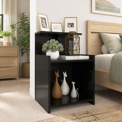 Elegant Black High Gloss Bedside Table with Open Shelves