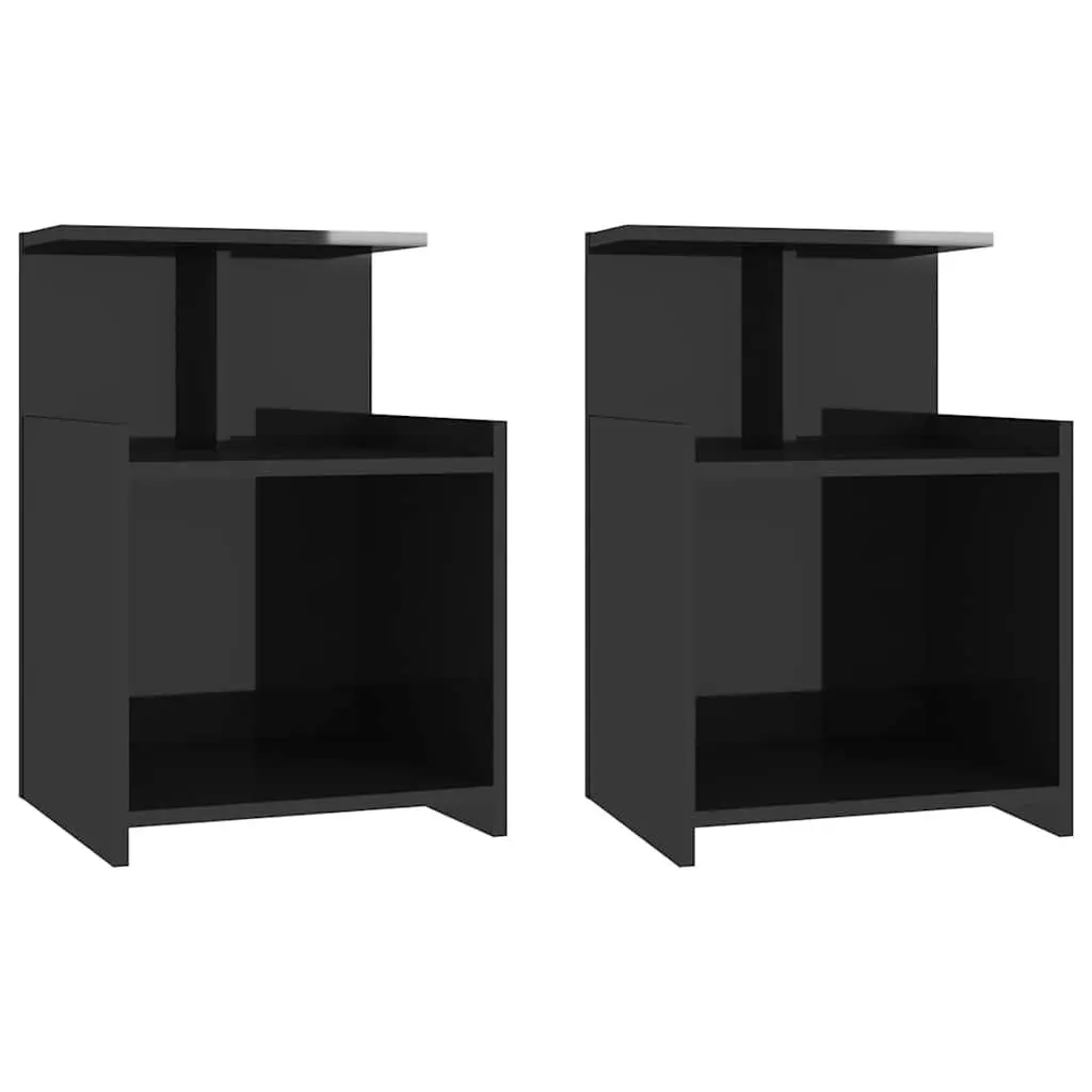 Bedside Tables High Gloss Black 2 Piece Engineered Wood Nightstand Set