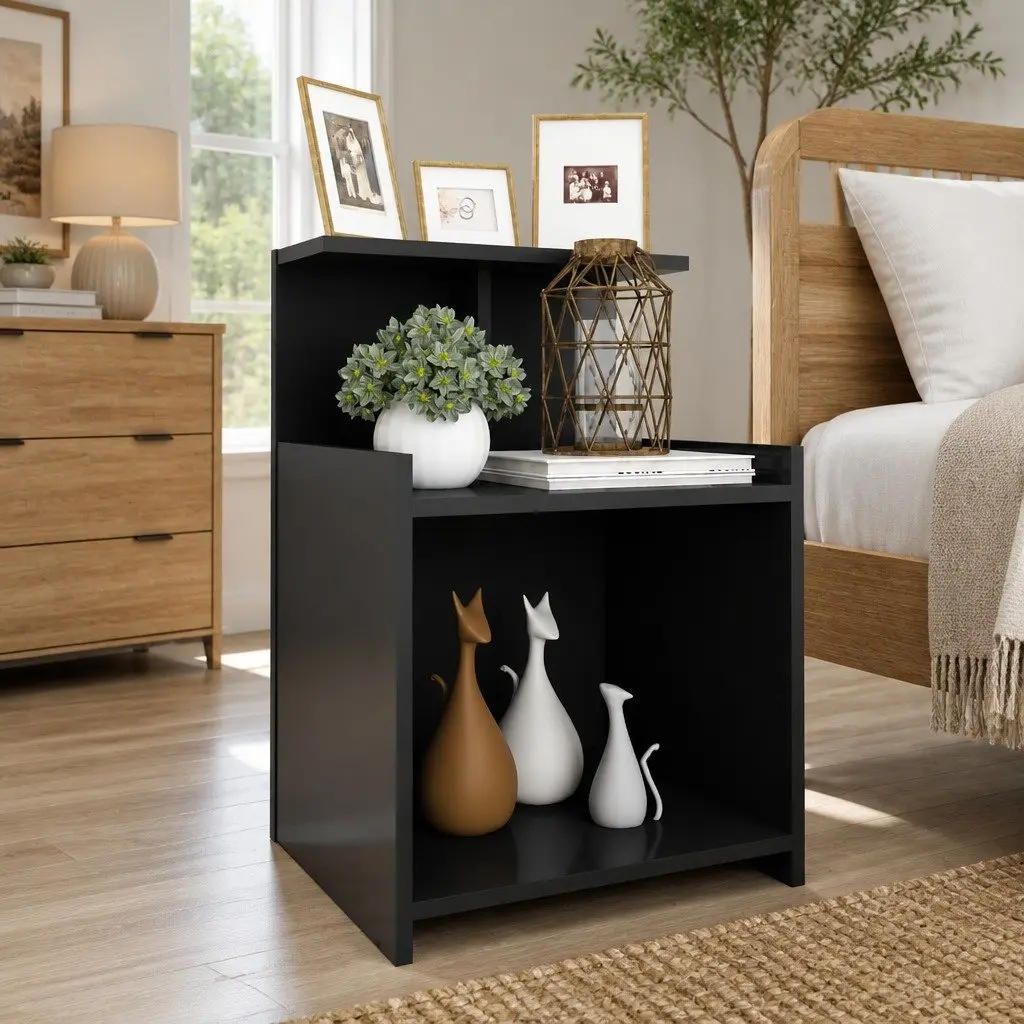 Bedside Table High Gloss Grey Nightstand 3 Open Shelves Engineered Wood