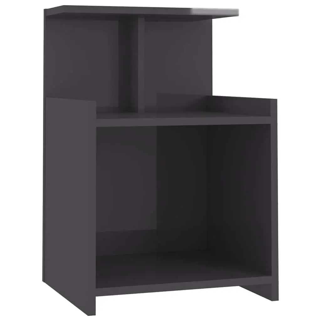 Bedside Table High Gloss Grey Nightstand 3 Open Shelves Engineered Wood
