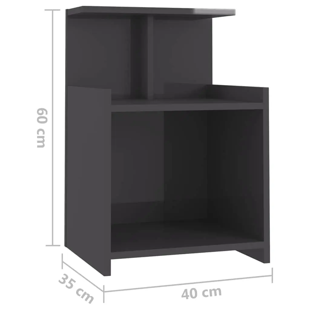 Bedside Table High Gloss Grey Nightstand 3 Open Shelves Engineered Wood