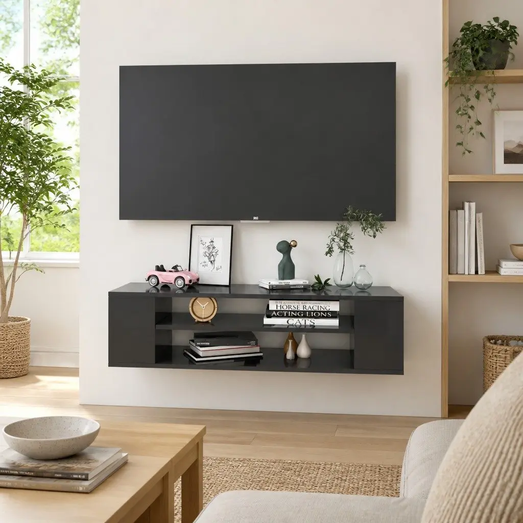 Hanging TV Cabinet Wall-Mounted Grey Engineered Wood 100 x 30 x 26.5 cm Storage Unit Open Compartments