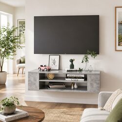 Grey Wall-Mounted TV Cabinet with Open Storage Compartments