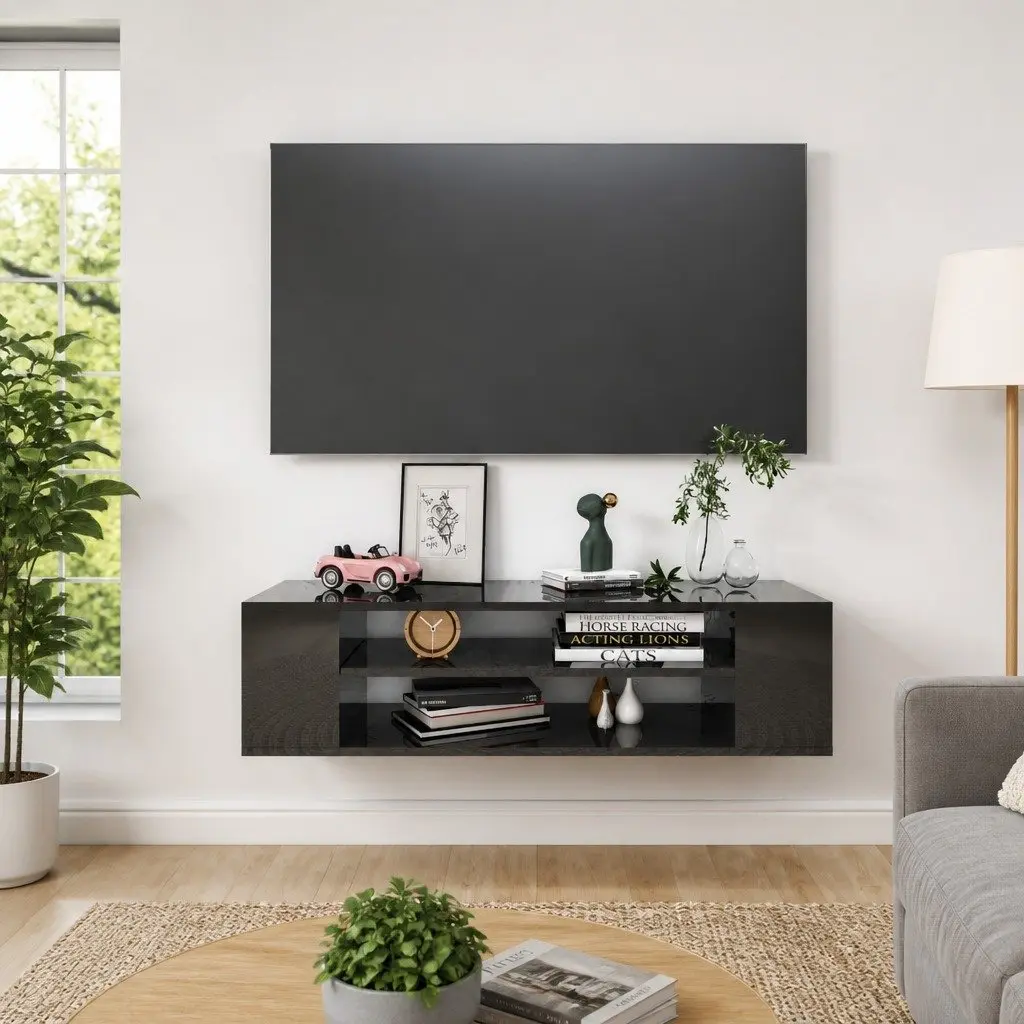 Hanging TV Cabinet Wall-Mounted High Gloss Black Engineered Wood Living Room Storage Unit
