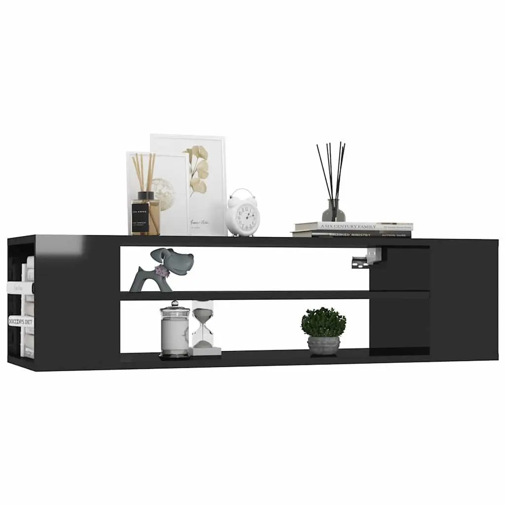 Hanging TV Cabinet Wall-Mounted High Gloss Black Engineered Wood Living Room Storage Unit