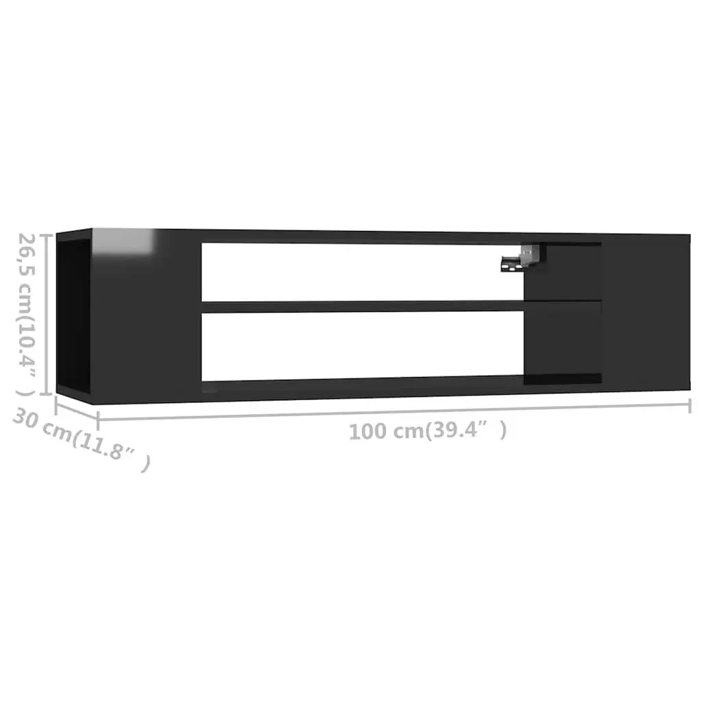 Hanging TV Cabinet Wall-Mounted High Gloss Black Engineered Wood Living Room Storage Unit