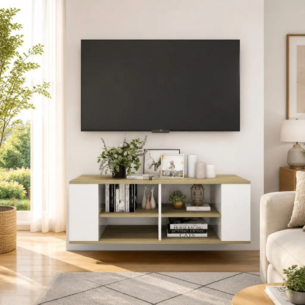 Wall-Mounted TV Cabinet White Sonoma Oak Adjustable Shelves Engineered Wood 102cm x 35cm x 35cm
