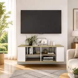 Wall-Mounted TV Cabinet in White with Sonoma Oak Accents