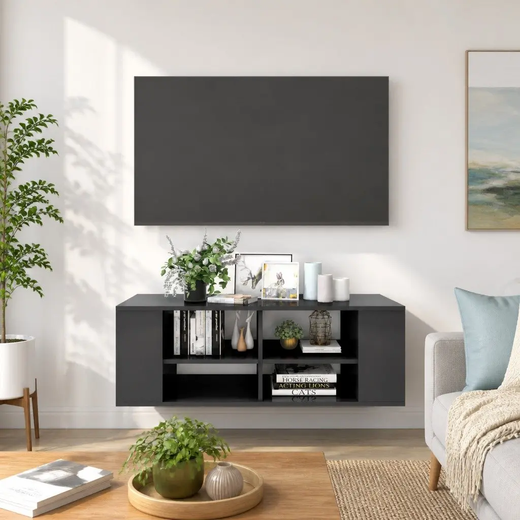 Wall-Mounted TV Cabinet Grey High Gloss Storage Unit Adjustable Shelving Engineered Wood