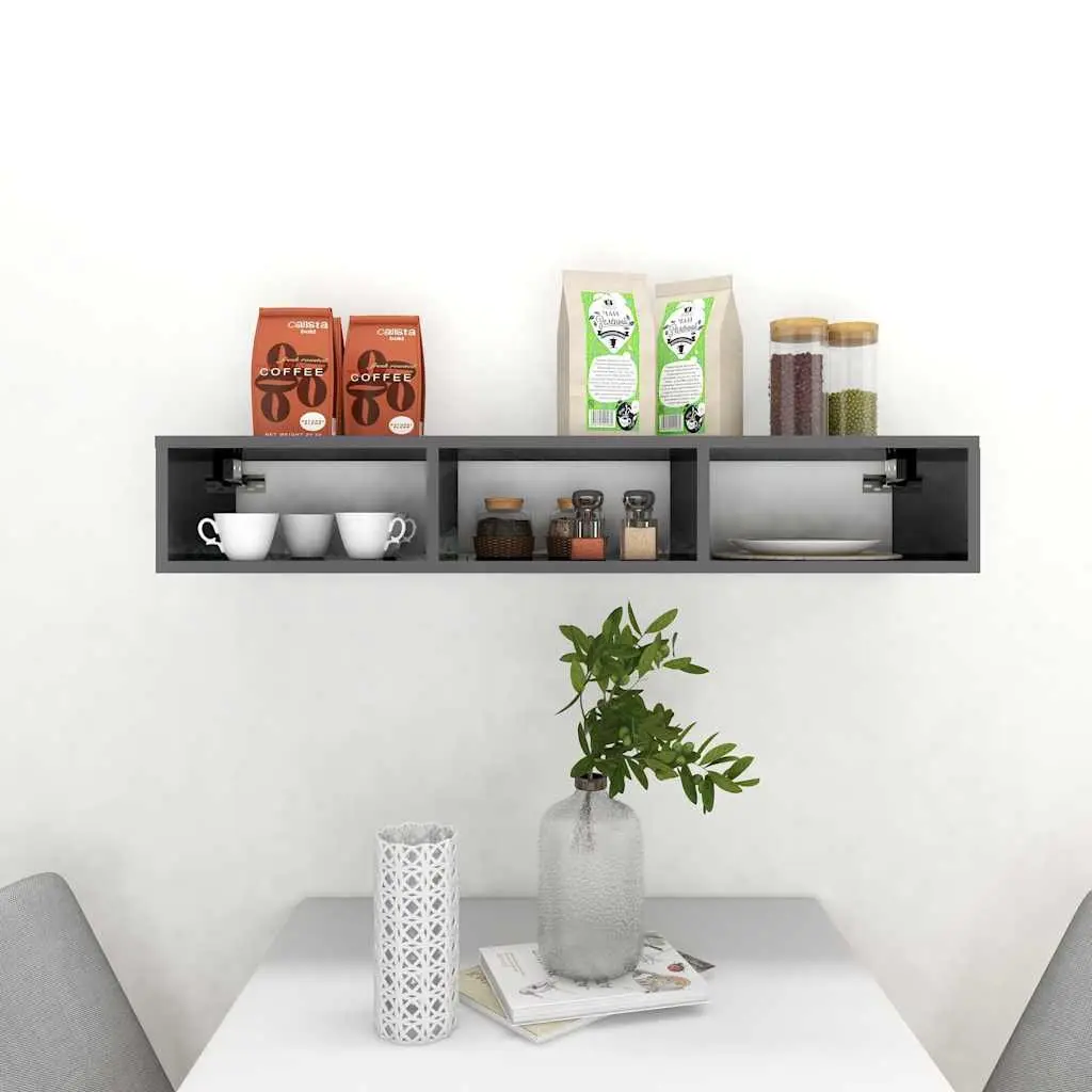 Wall Shelf Grey High Gloss 3 Compartments Engineered Wood