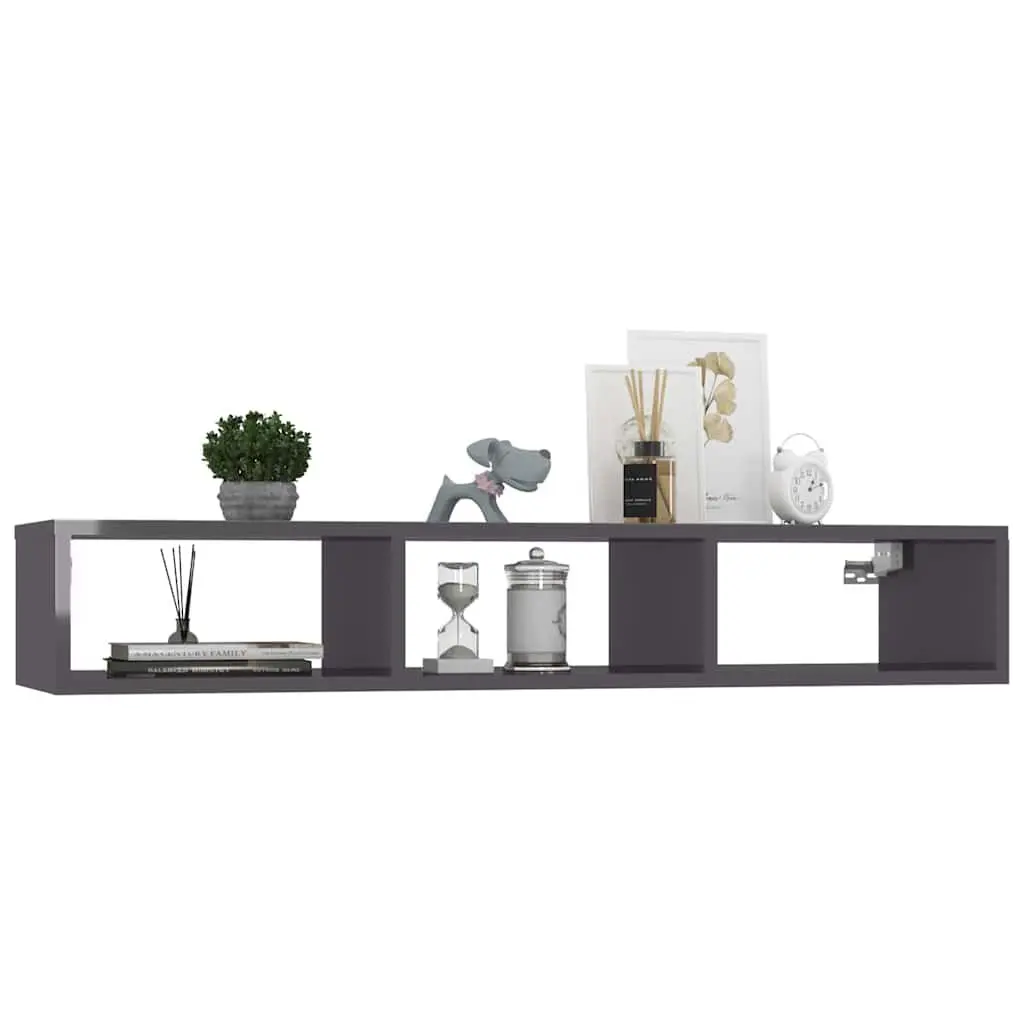 Wall Shelf Grey High Gloss 3 Compartments Engineered Wood