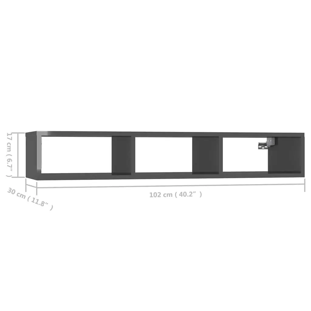 Wall Shelf Grey High Gloss 3 Compartments Engineered Wood