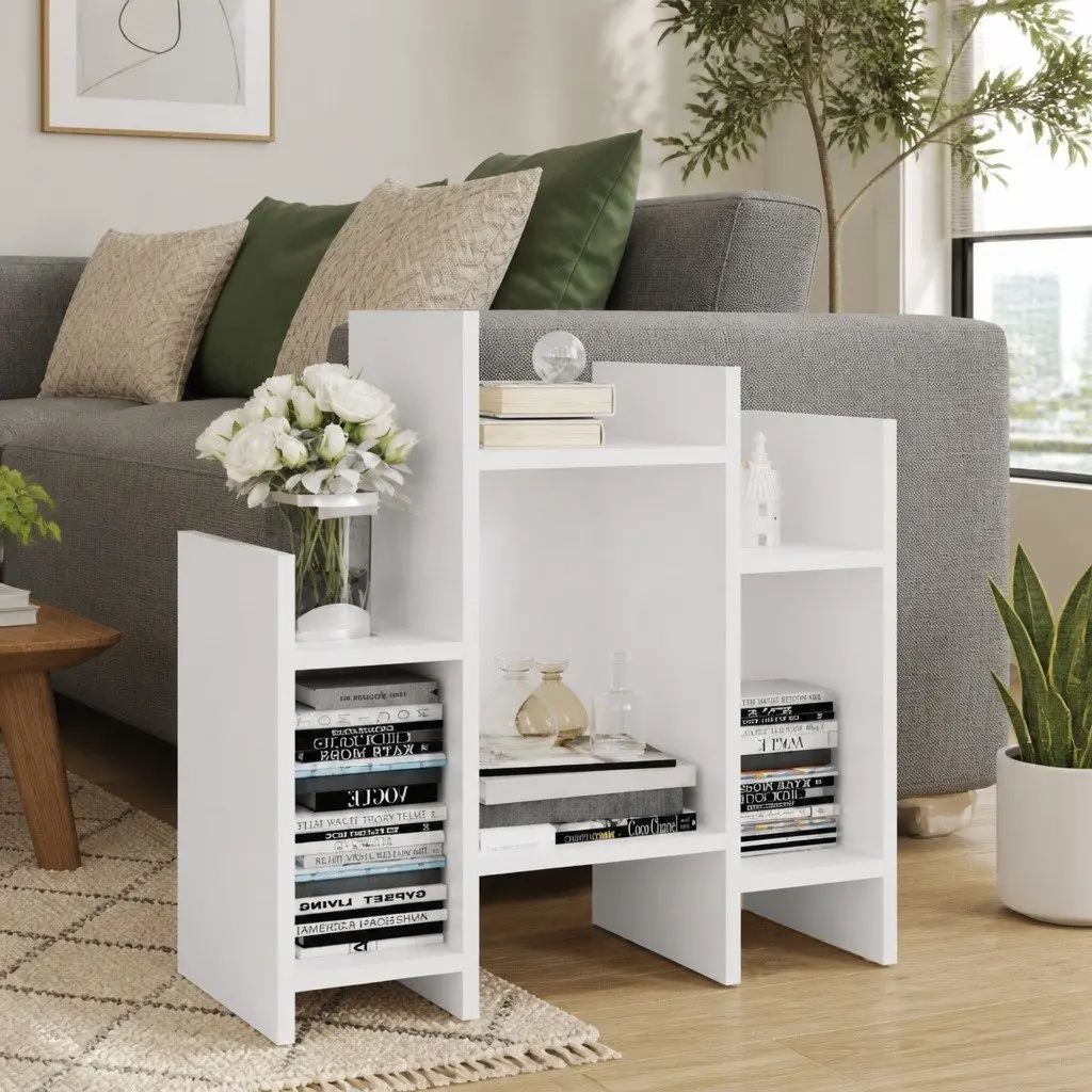Side Cabinet White Engineered Wood 6 Shelves Storage Furniture