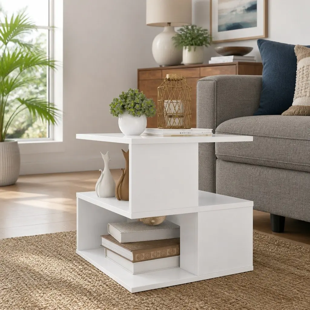 White End Table Modern Accent Storage Side Table with 2 Shelves Engineered Wood 40 x 40 x 40 cm