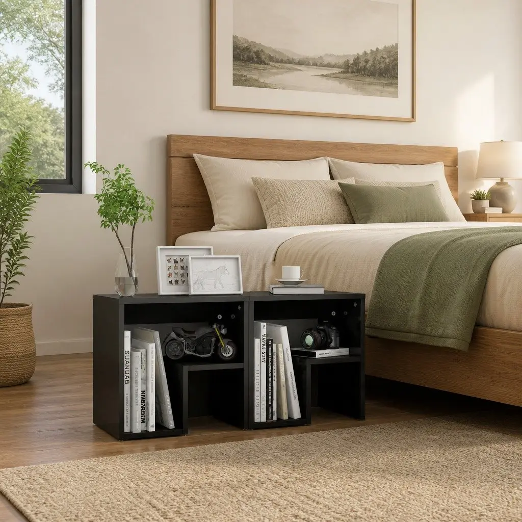 Bedside Tables High Gloss Grey 2 pcs Engineered Wood Nightstands with Shelf