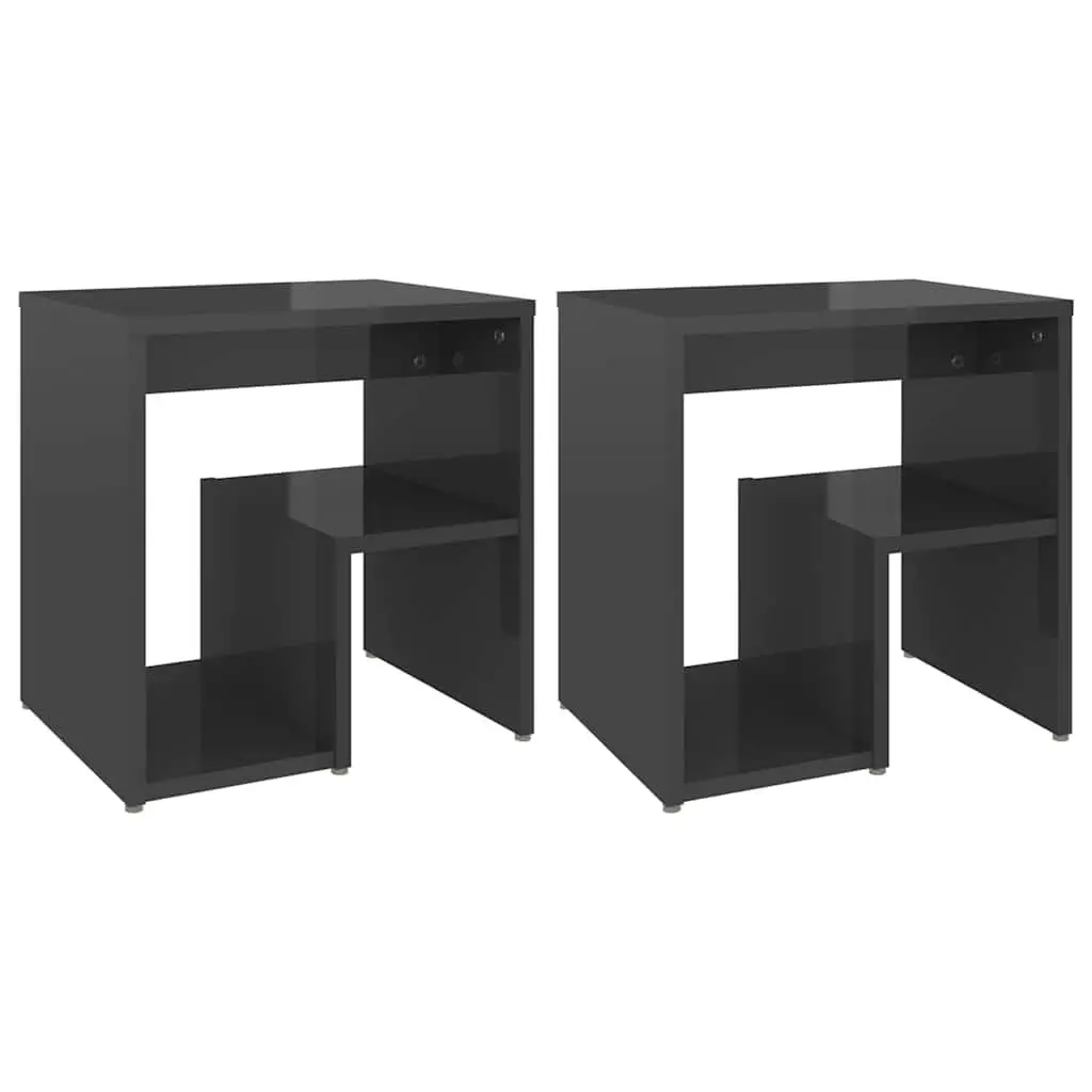 Bedside Tables High Gloss Grey 2 pcs Engineered Wood Nightstands with Shelf