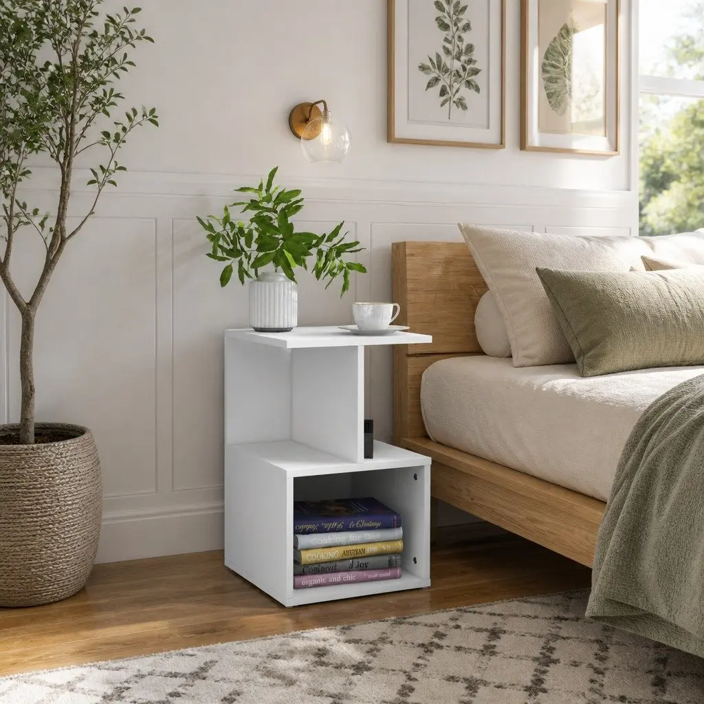 Bedside Table White Open Compartments Nightstand 35 x 35 x 55 cm Engineered Wood