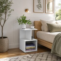White Bedside Cabinet with Open Compartments