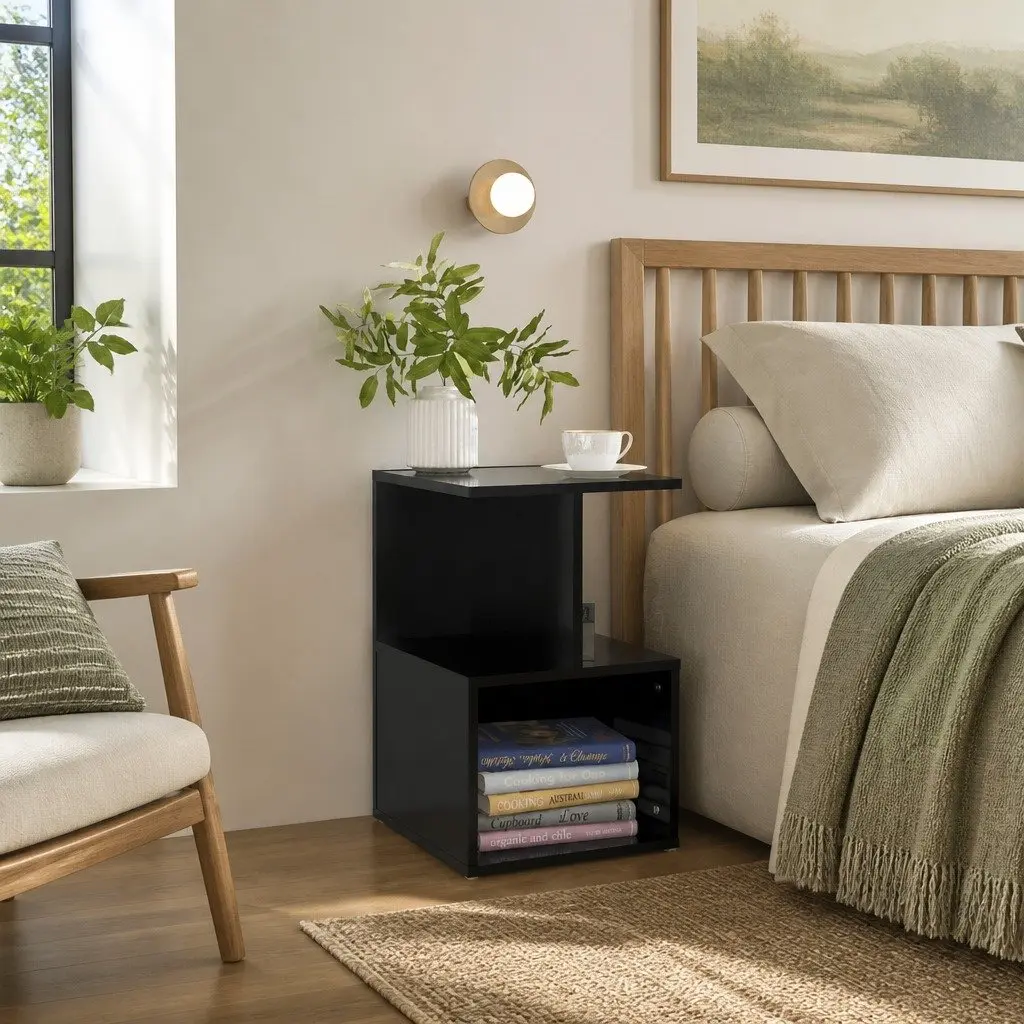 Bedside Cabinet Black Open Compartments Engineered Wood 35W x 35D x 55H cm