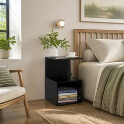Black Bedside Cabinet with Open Compartments