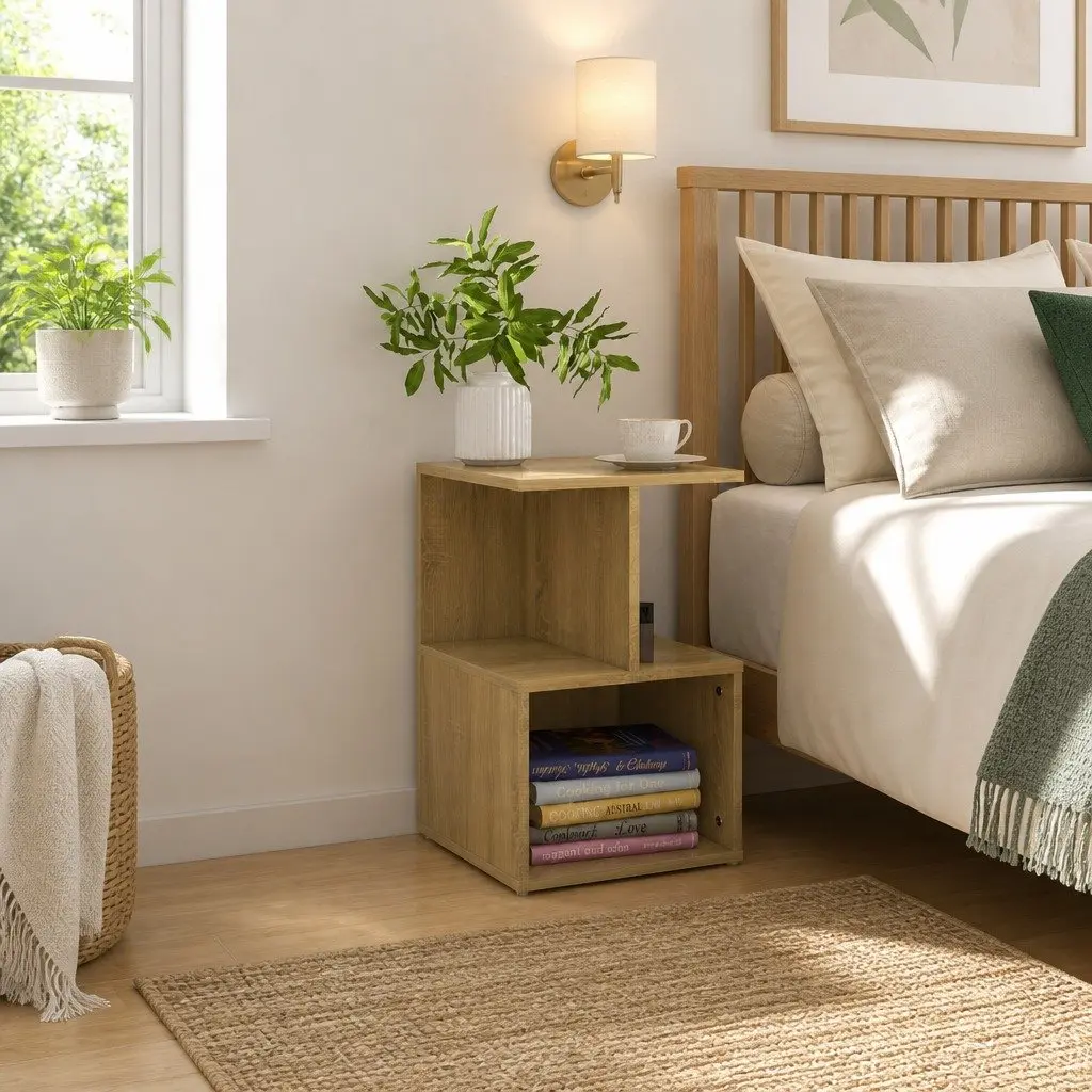 Bedside Cabinet Set Brown Engineered Wood 35W x 35D x 55H cm Nightstand Storage Open Shelves