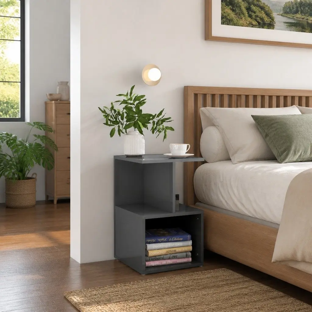 Bedside Table Grey High Gloss Open Compartments Engineered Wood 35 x 35 x 55 cm