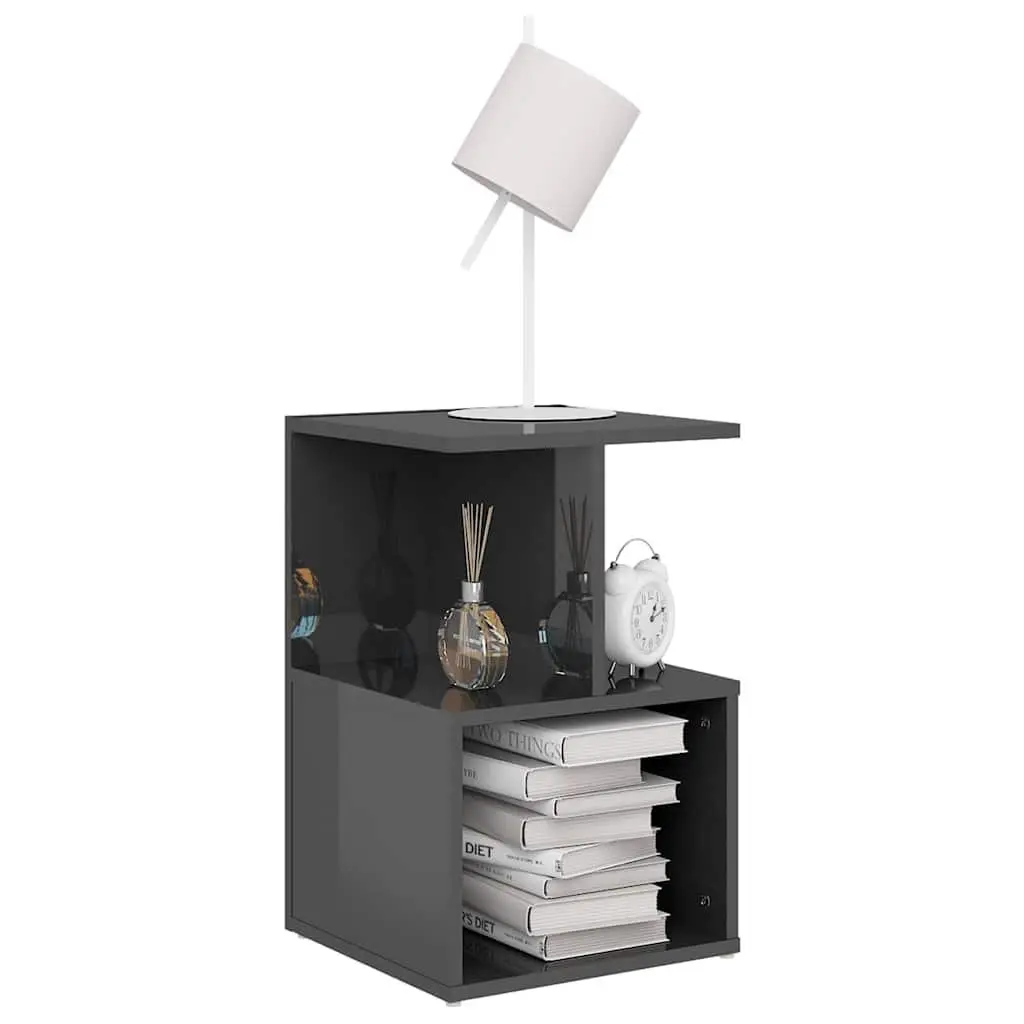Bedside Table Grey High Gloss Open Compartments Engineered Wood 35 x 35 x 55 cm