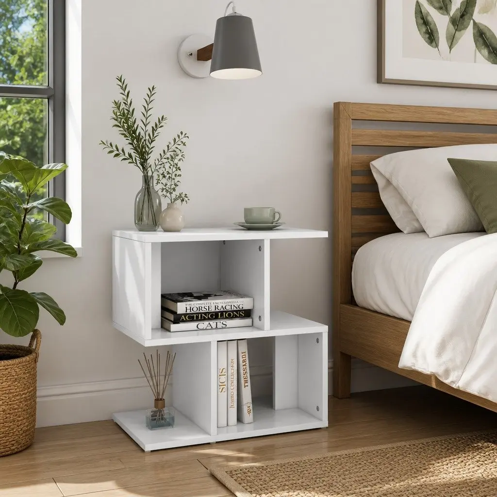 Bedside Cabinet Set White Open Compartment Storage Nightstand Table 2 Piece Engineered Wood