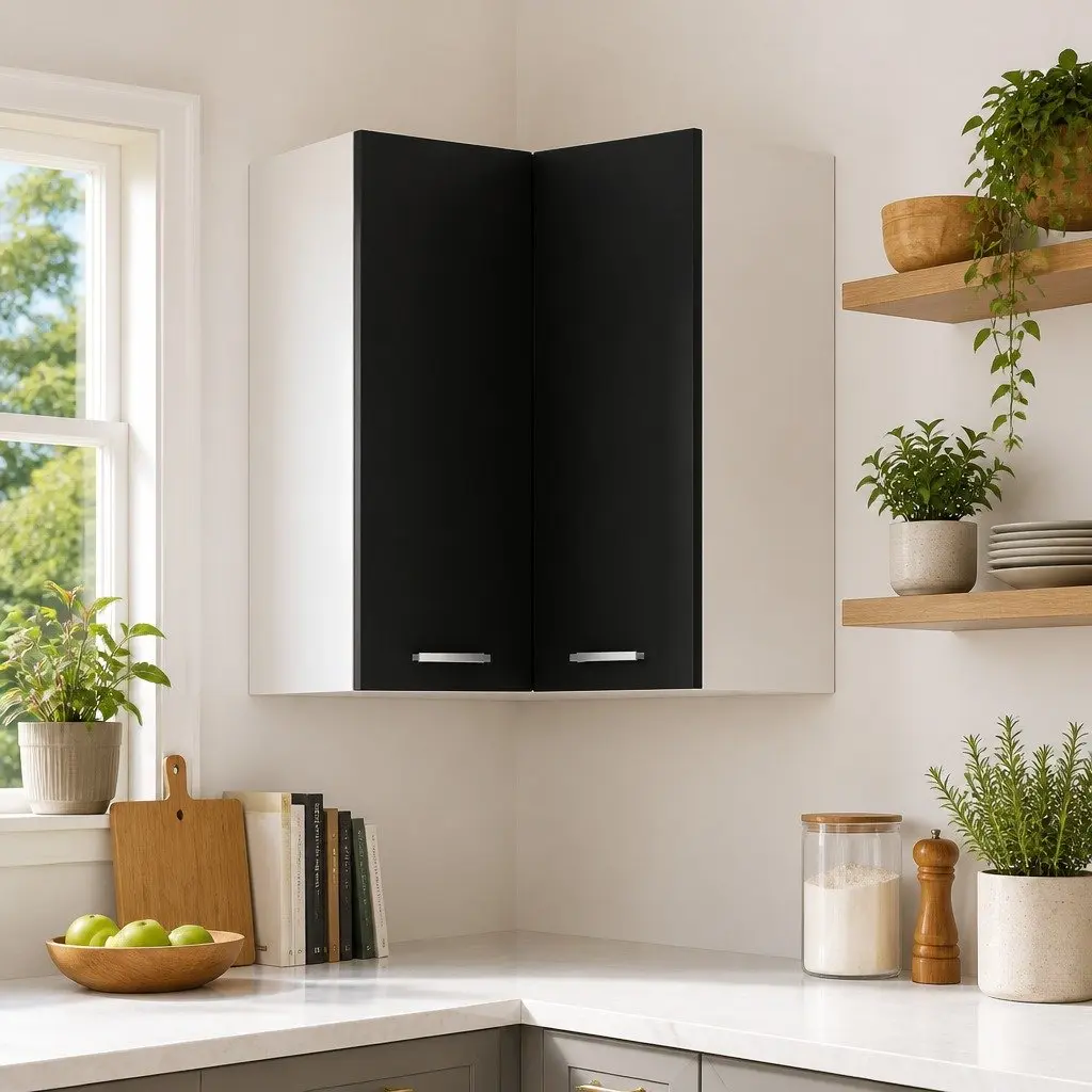 Hanging Corner Kitchen Cabinet Black Storage Unit with Two Shelves Doors