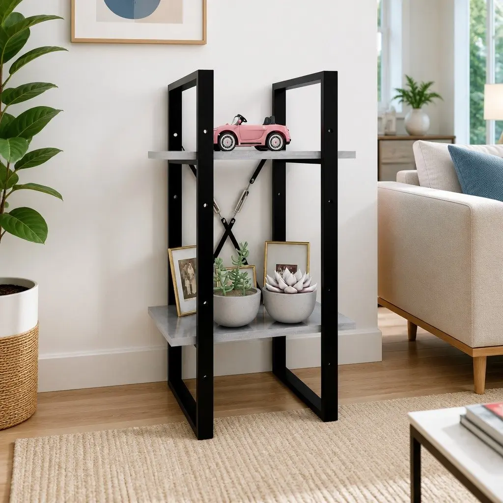 2 Tier Bookshelf Grey Engineered Wood Storage Unit 40x30x70cm