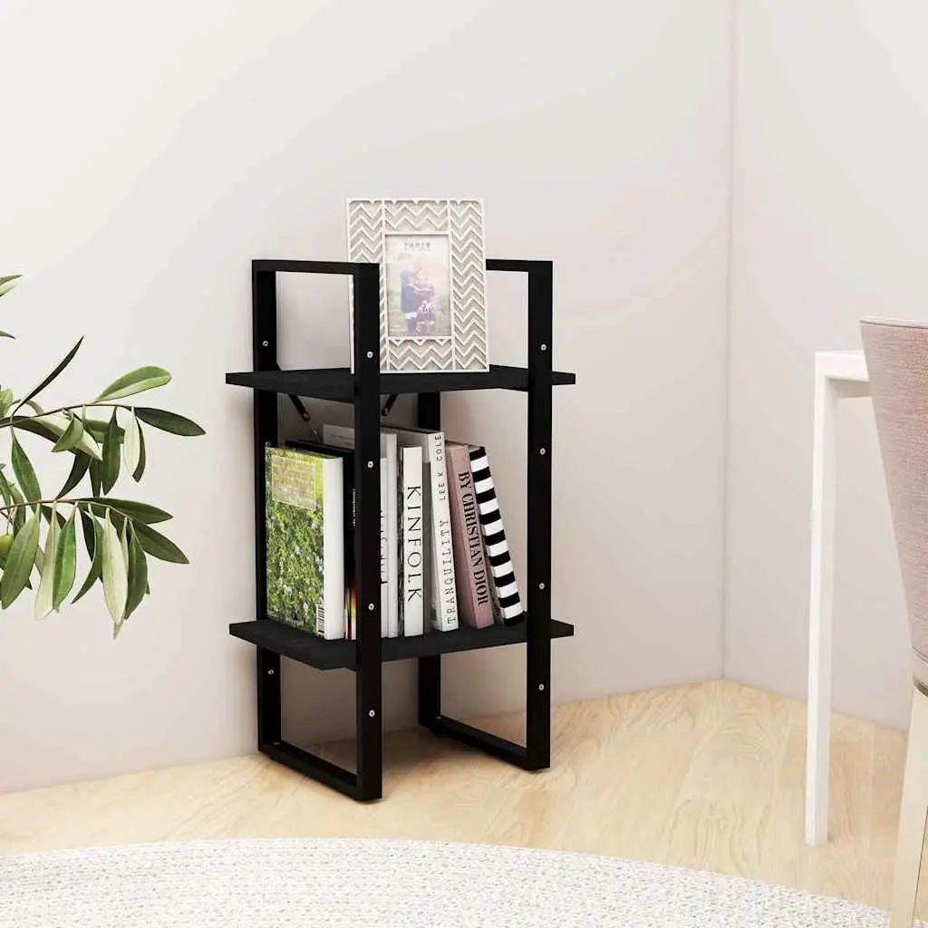 2-Tier Book Cabinet Black Solid Pine Wood Shelving Unit Storage Display Stand