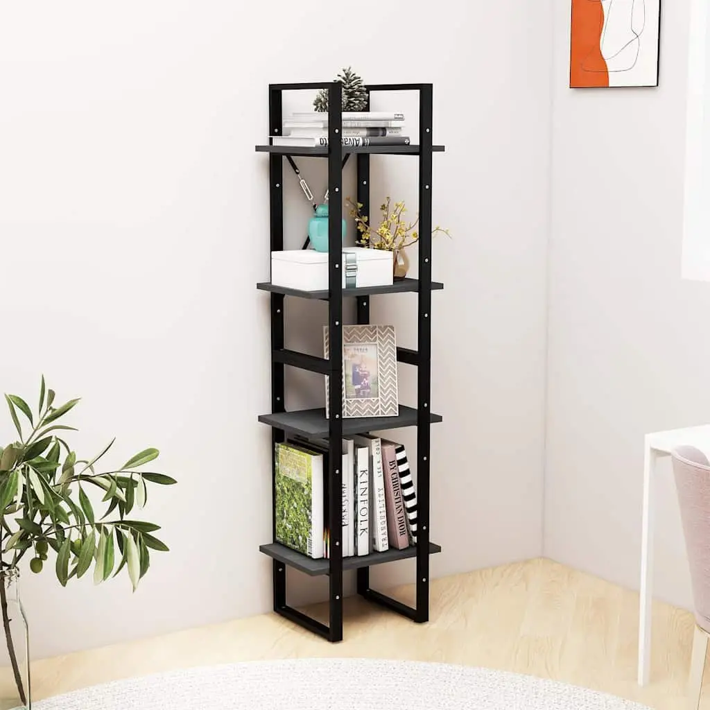 4-Tier Book Cabinet Grey Solid Pine Wood Storage Shelving Unit Bookcase Display