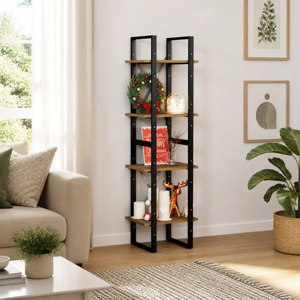 4-Tier Book Cabinet Industrial Brown 40x30x140 cm Solid Pine Wood Standing Bookshelf Storage Shelving Unit