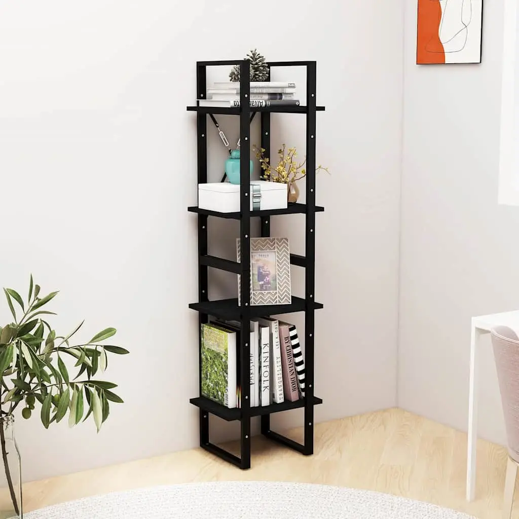 4-Tier Black Book Cabinet in Solid Pine Wood