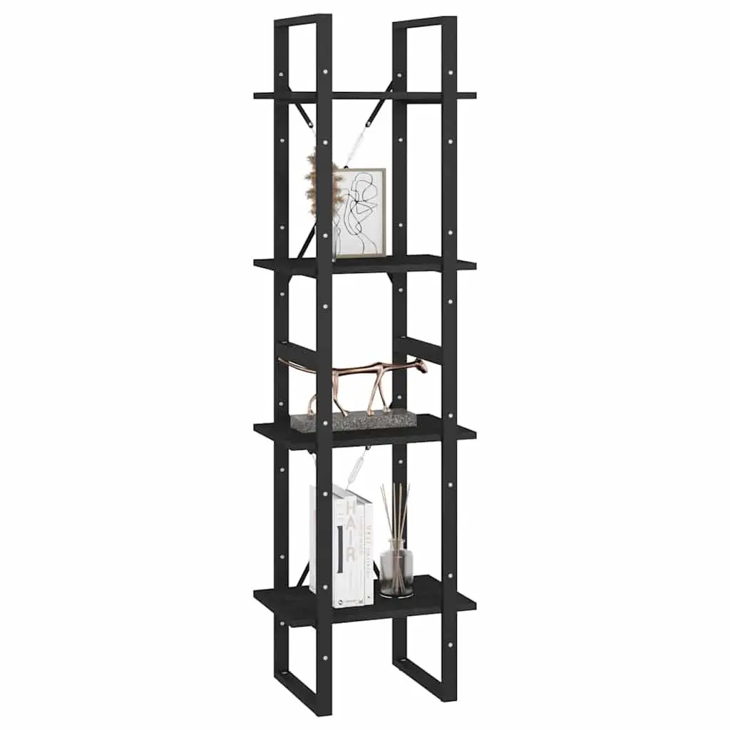 4-Tier Black Book Cabinet in Solid Pine Wood