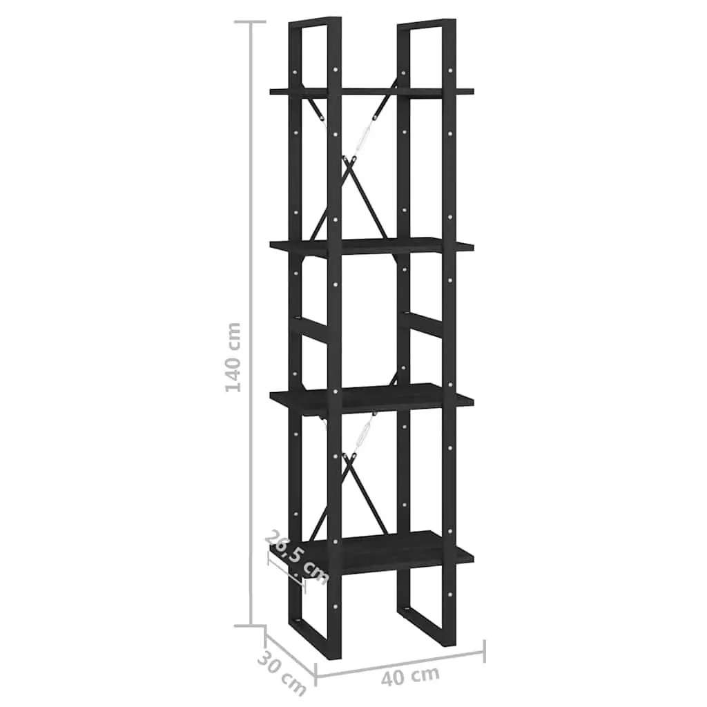 4-Tier Black Book Cabinet in Solid Pine Wood