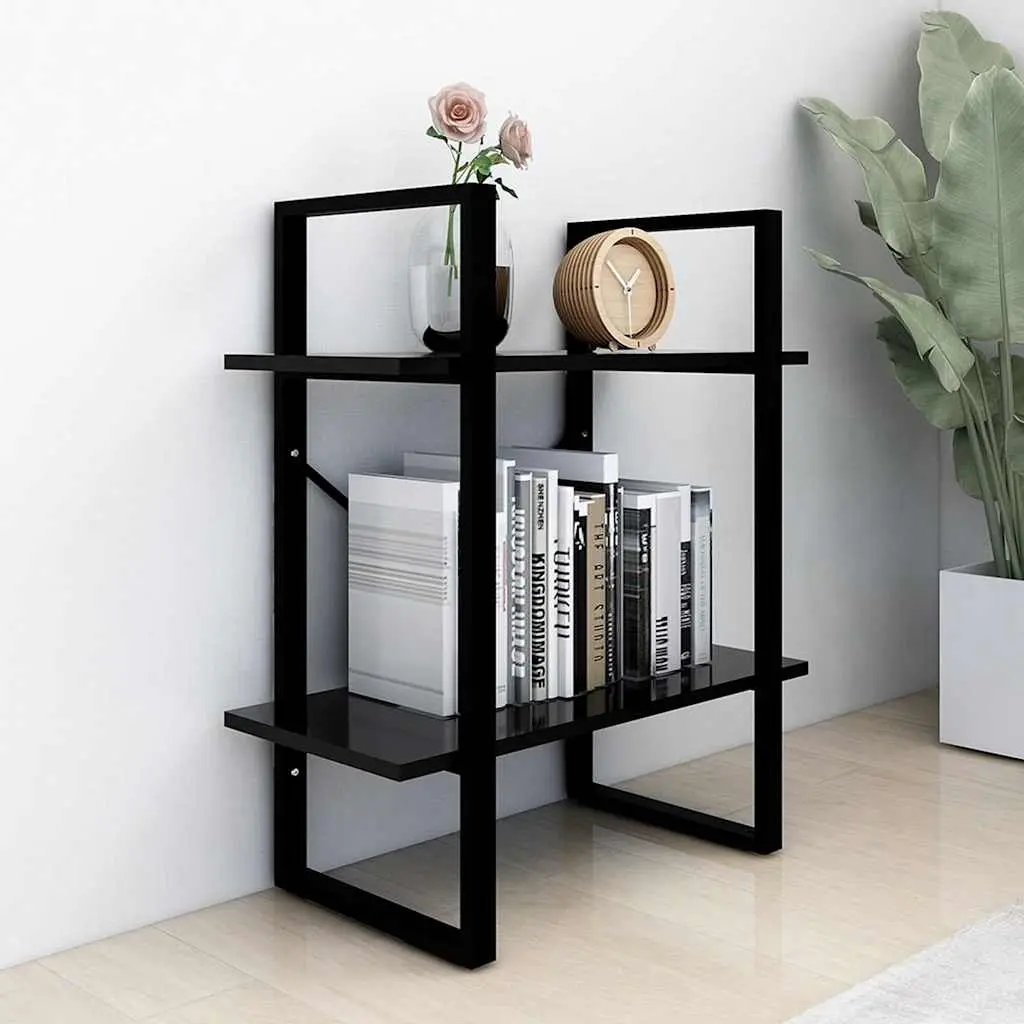 2 Tier Bookshelf Engineered Wood Black Storage Cabinet Display Unit