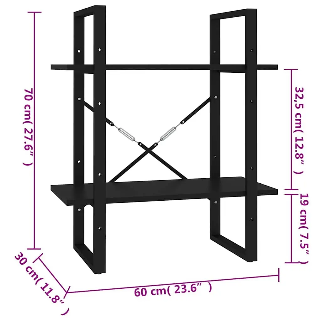 2 Tier Bookshelf Engineered Wood Black Storage Cabinet Display Unit
