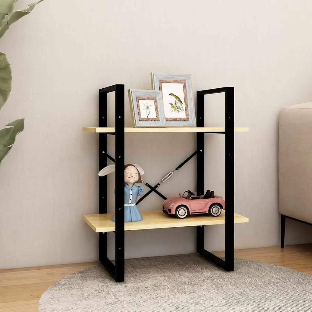 2-Tier Book Cabinet Brown Solid Pine Wood Standing Bookshelf Storage Display