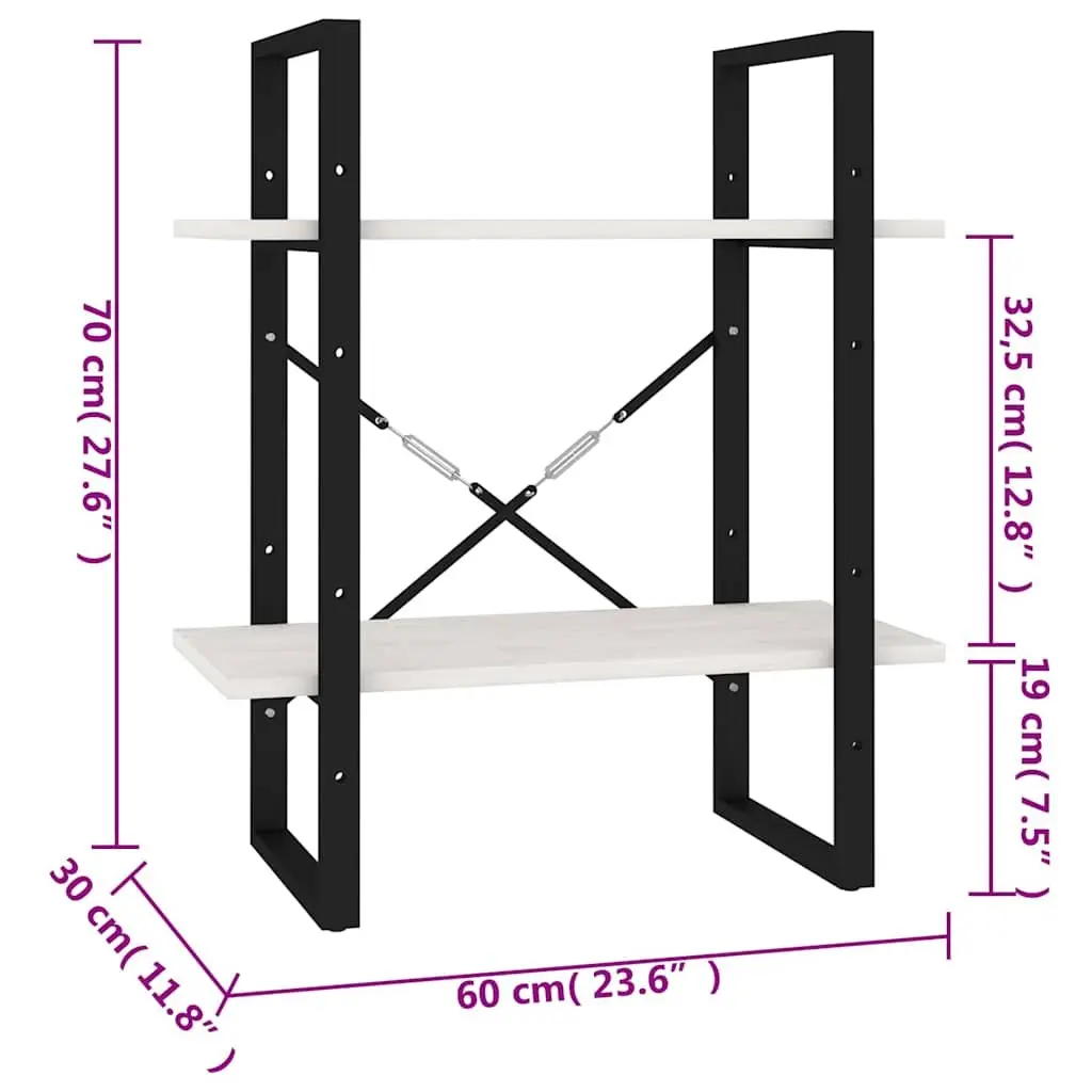 White 2-Tier Bookcase Solid Pine Wood Storage Shelving Unit